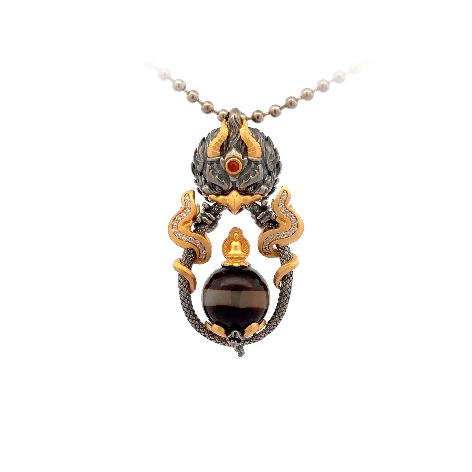 Henrrison LCP2356D · Garuda Egg-Shaped Striped Agate Dzi Sacred 925 Silver Pendant · Gilded 22K Genuine Gold Finish