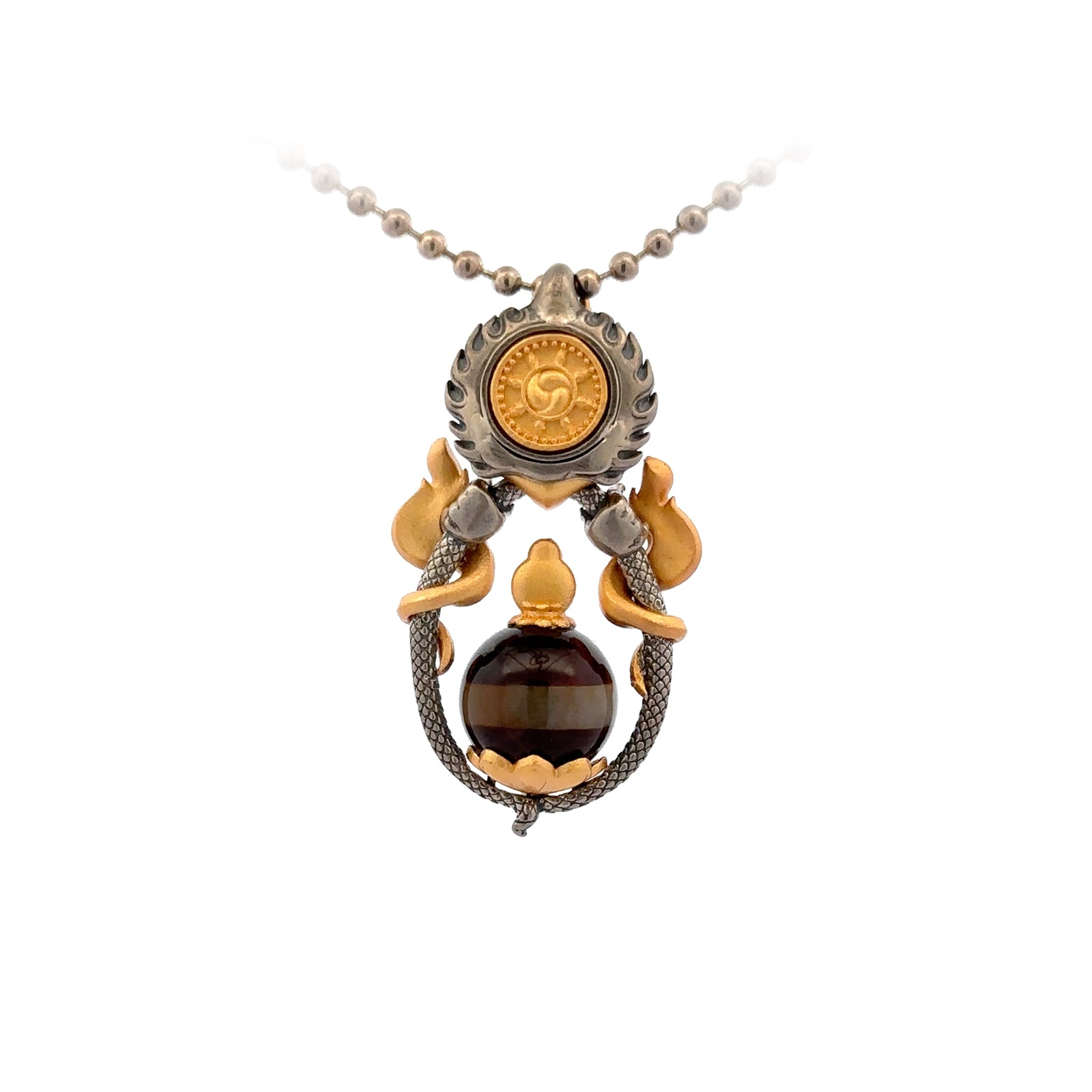 Henrrison LCP2356D · Garuda Egg-Shaped Striped Agate Dzi Sacred 925 Silver Pendant · Gilded 22K Genuine Gold Finish