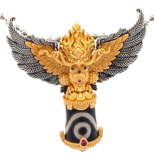 Devotional Pendant · Garuḍa Dzi Bead · Silver, Gilt · Henrrison · LCP 2403