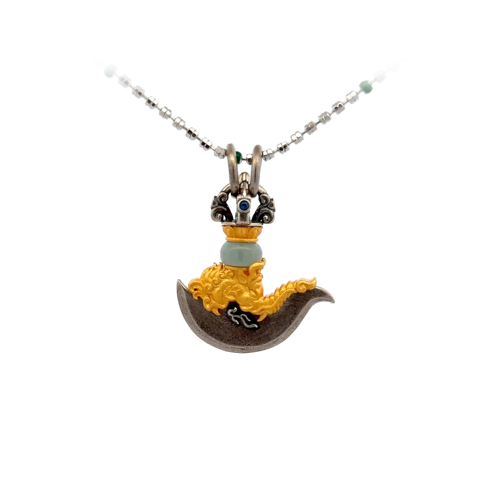 Henrrison LCP1459 · Phurba Nature Jade Sacred 925 Silver Pendant · Gilded 22K Genuine Gold Finish