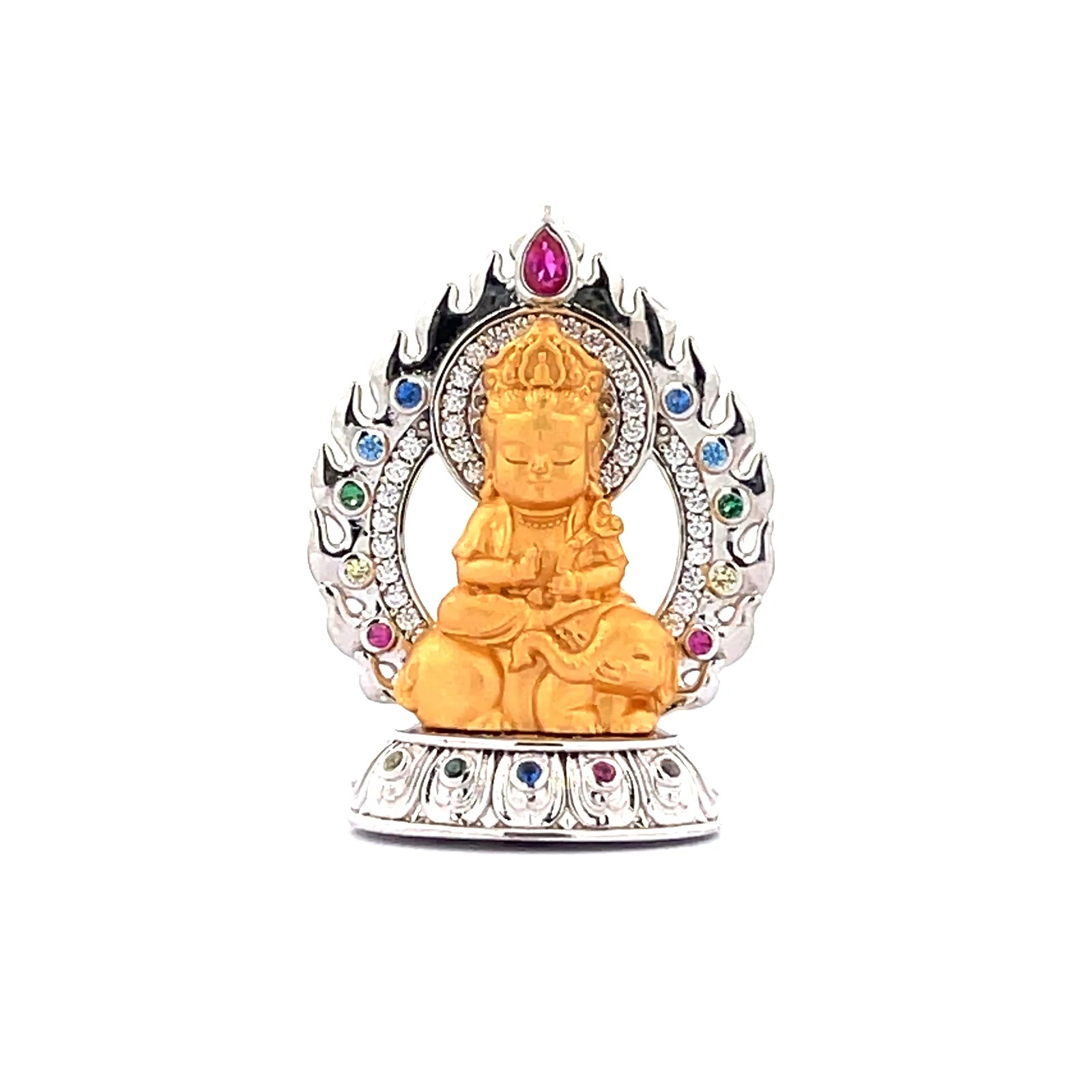Henrrison LCP1844-1851 ·Flaming Lotus Eight Baby Guardian Deities Sacred 925 Silver Pendant-Samantabhadra ·Guardian Deity for the Dragon and Snake Zodiac · Gilded 22K Genuine Gold Finish