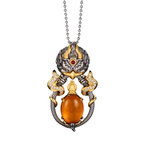Devotional Pendant · Garuḍa Egg-Shaped Amber Agate · Silver, Gilt · Henrrison · LCP 2356 F